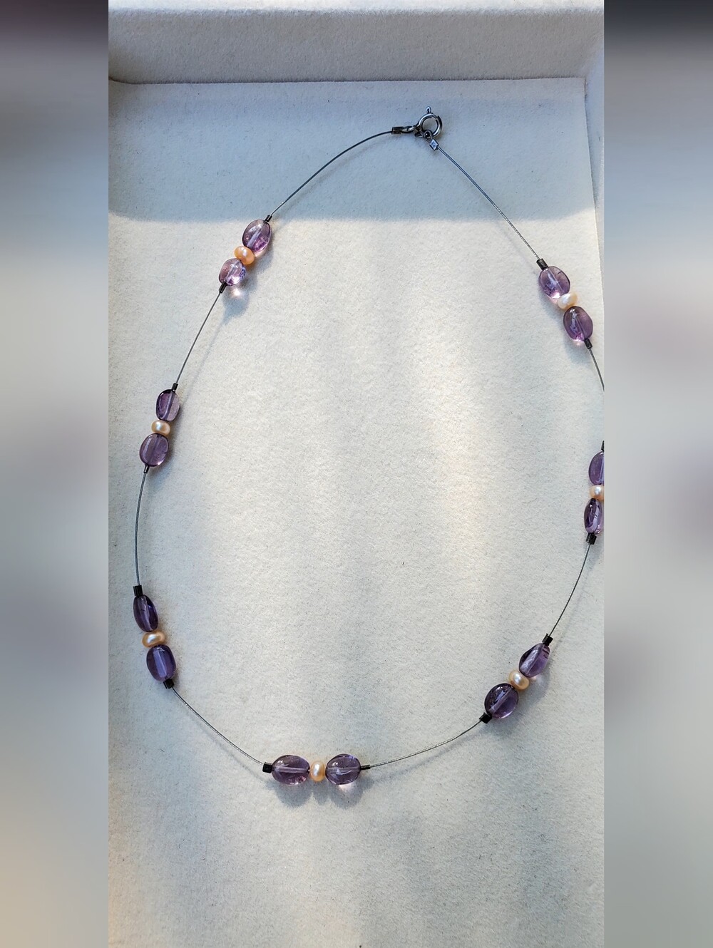 Sterling Silver Illusion Necklace with Freshwater Pearls & Purple Glass Beads - Picture 3 of 7